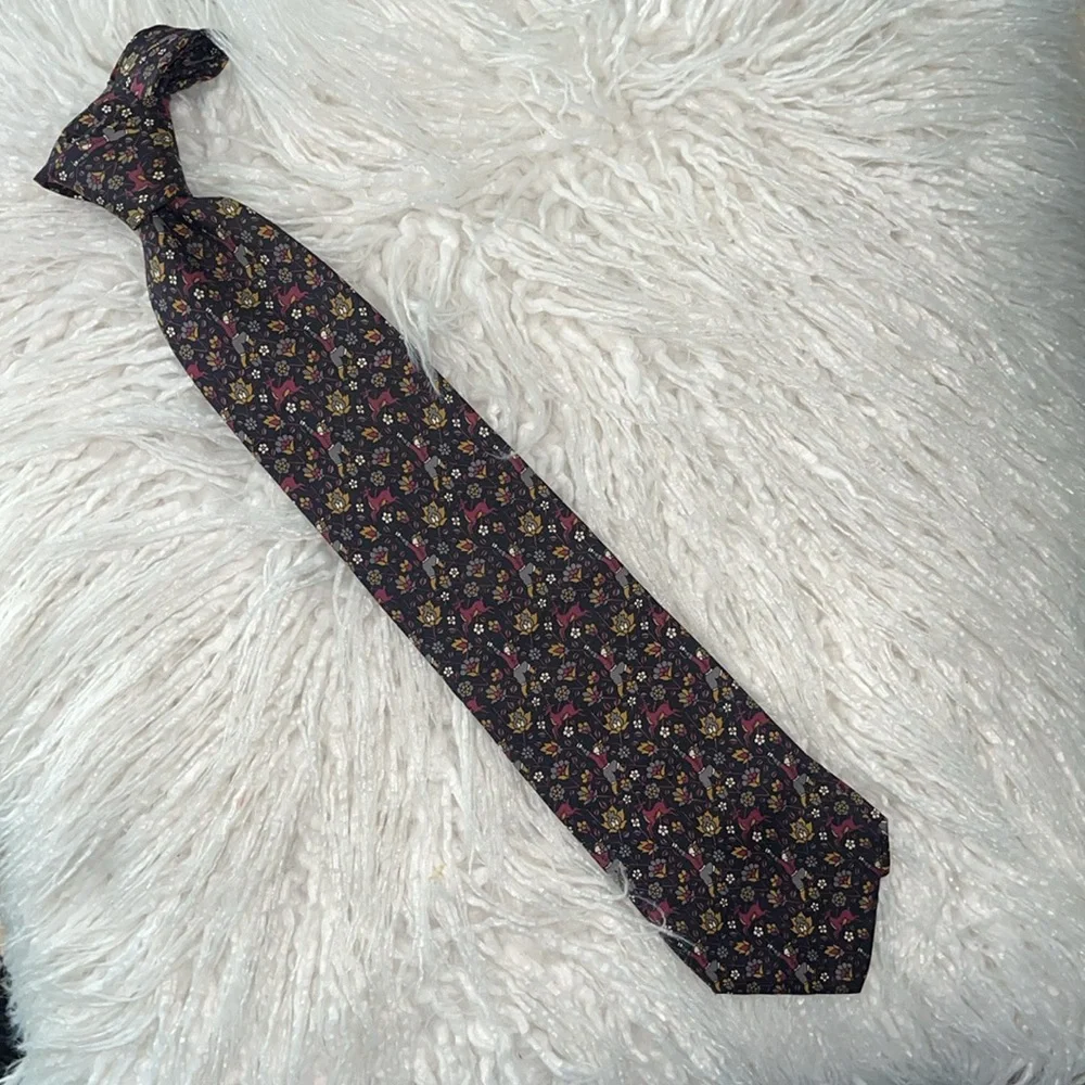 LANCEL PARIS 100% Silk Tie Floral Hunting Deer Print Burgundy Gray Mustard Black